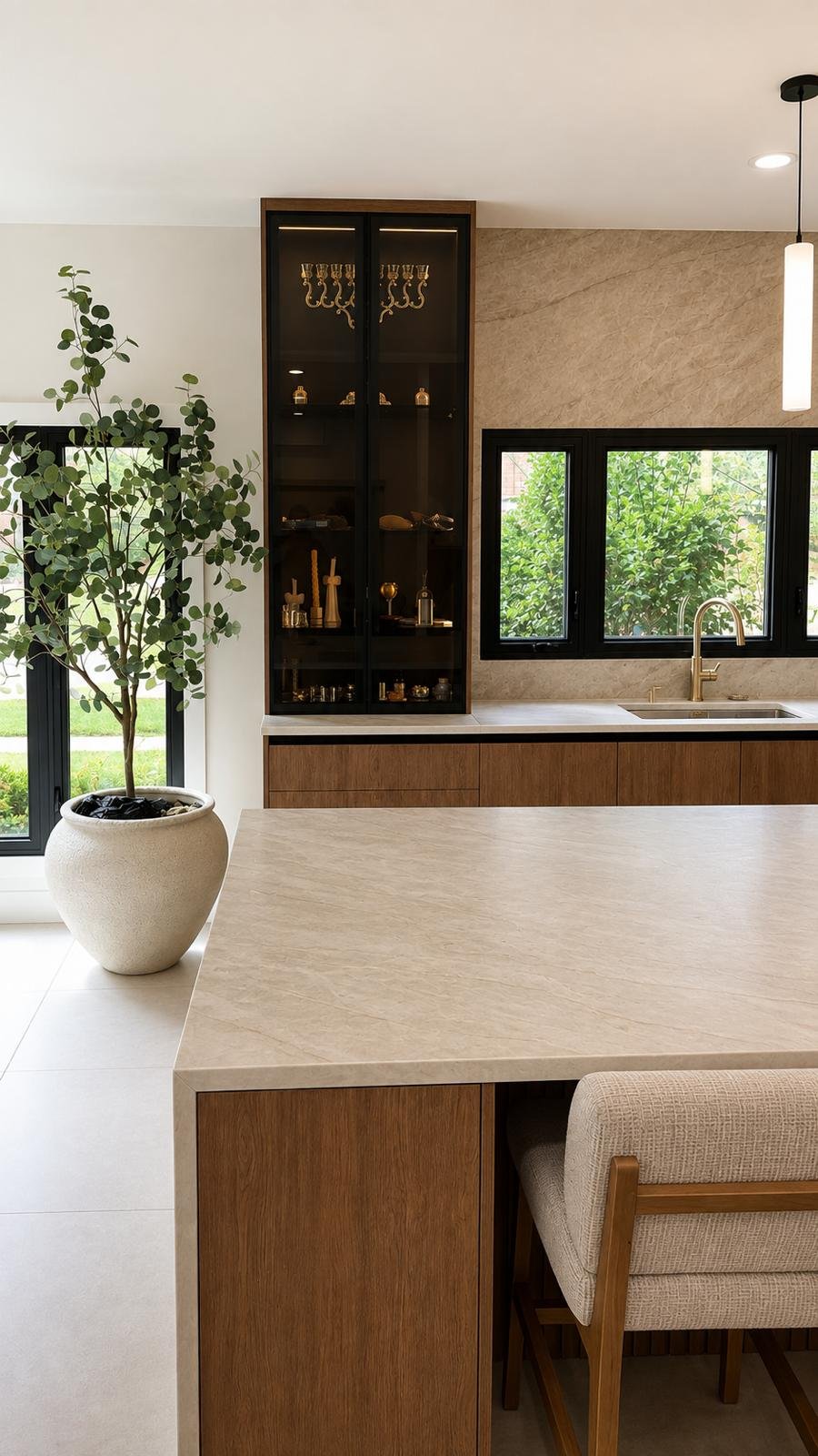 Kitchen island with quartz countertop