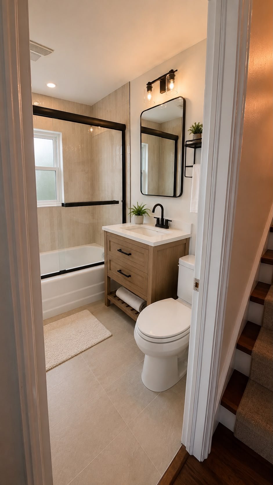 Glass shower enclosure — matte black hardware