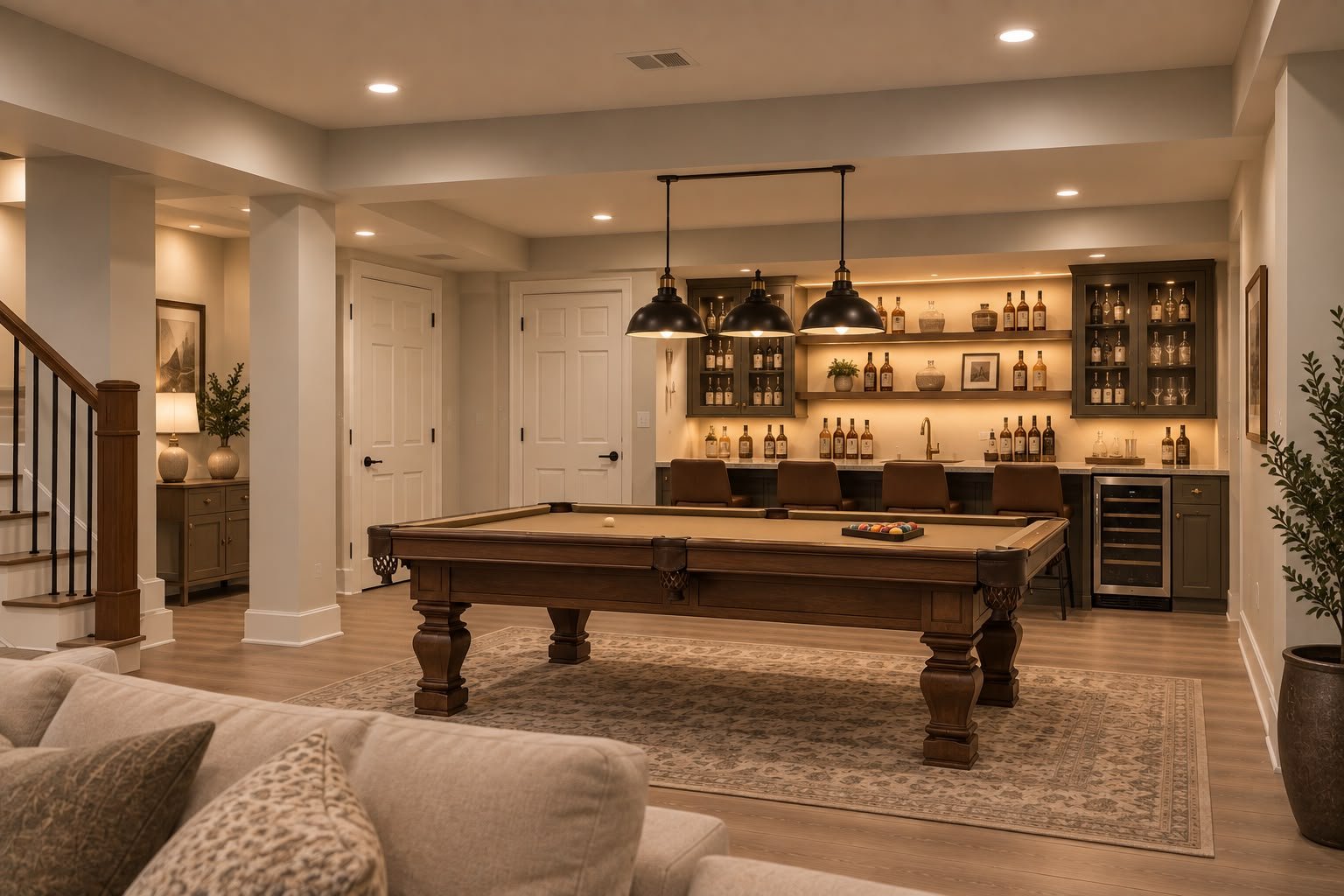 Finished basement entertainment area with pool table and custom bar by Fairway Home Remodeling