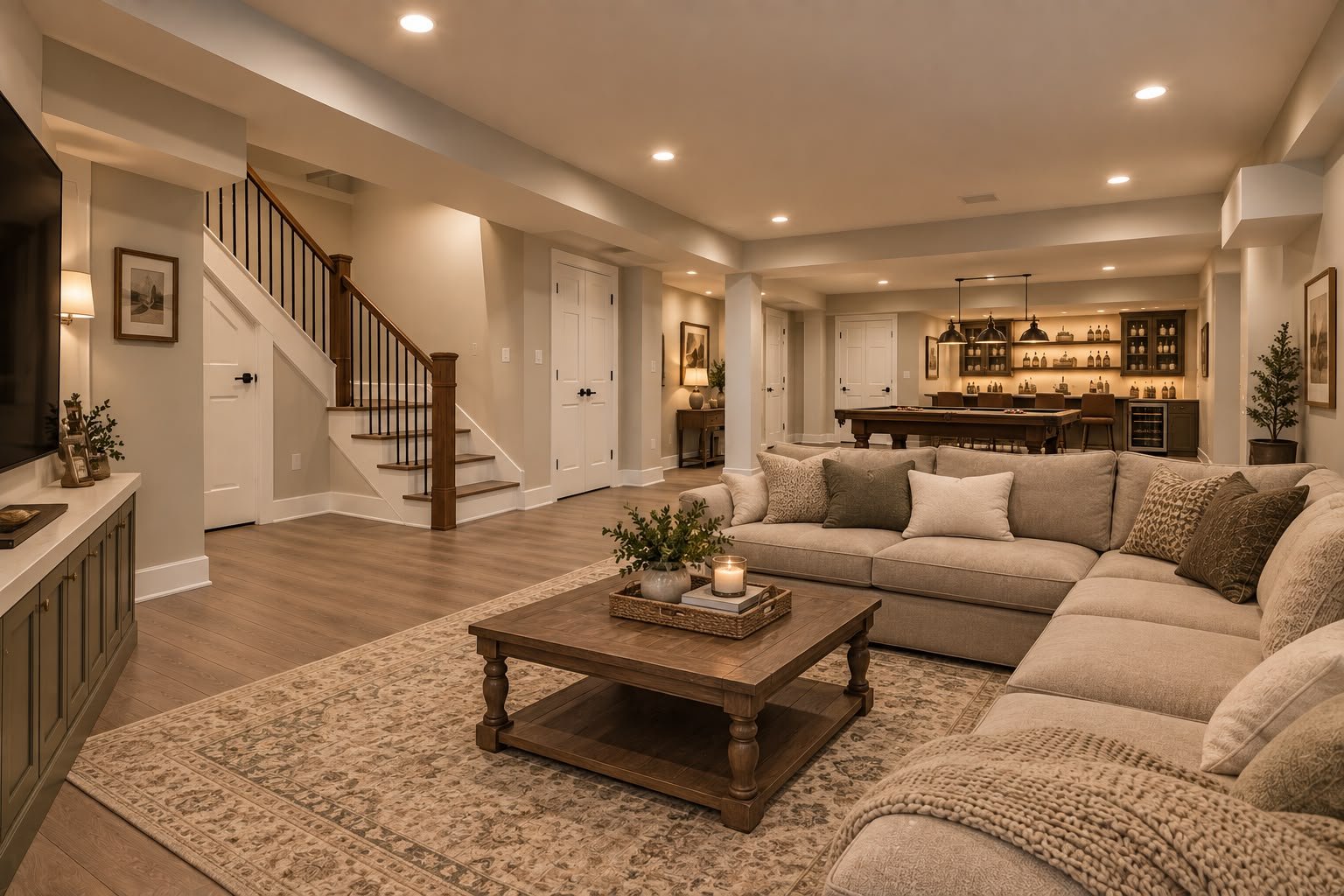 Beautifully finished basement with living area and entertainment space by Fairway Home Remodeling