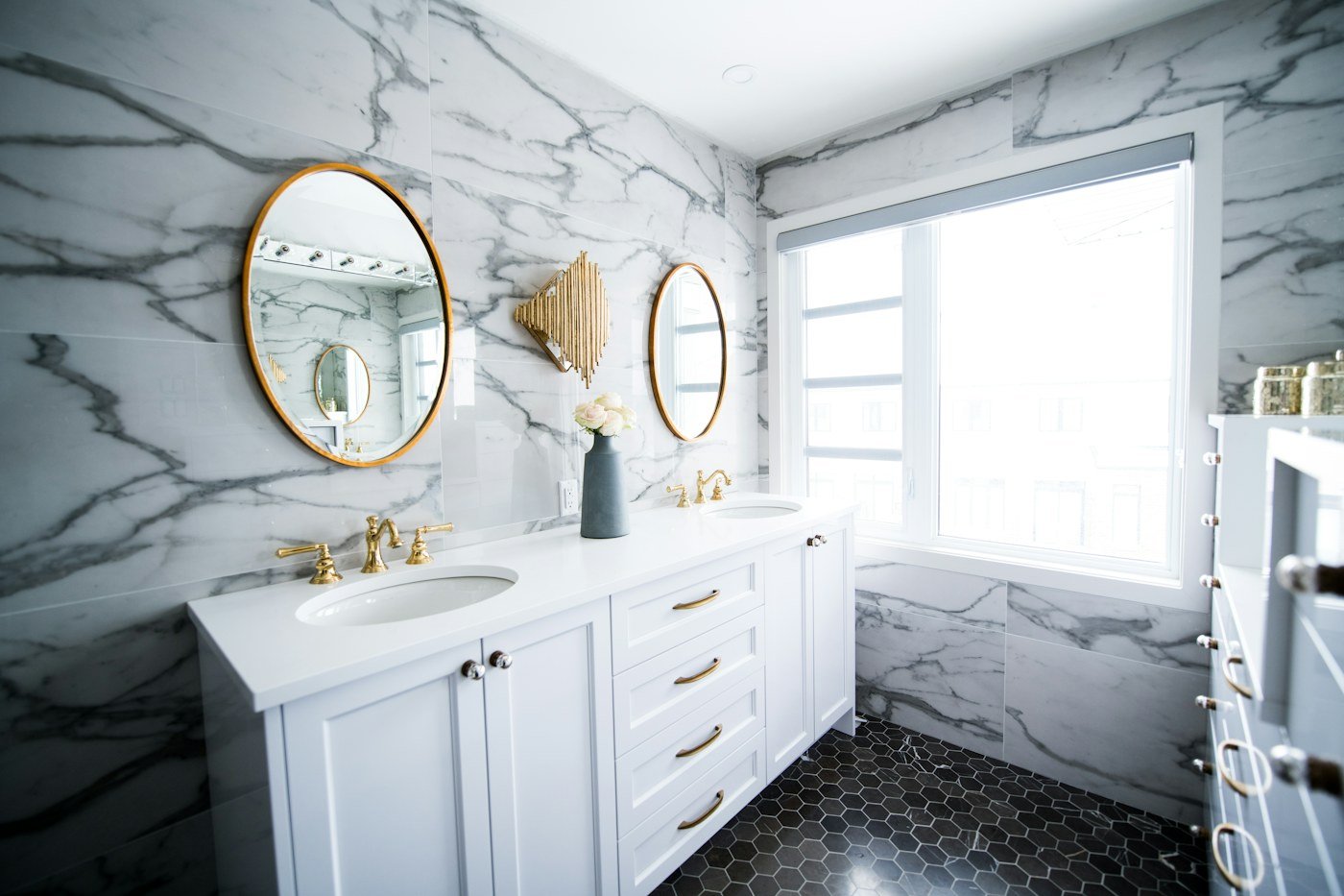 Premium marble bathroom tile and vanity installation