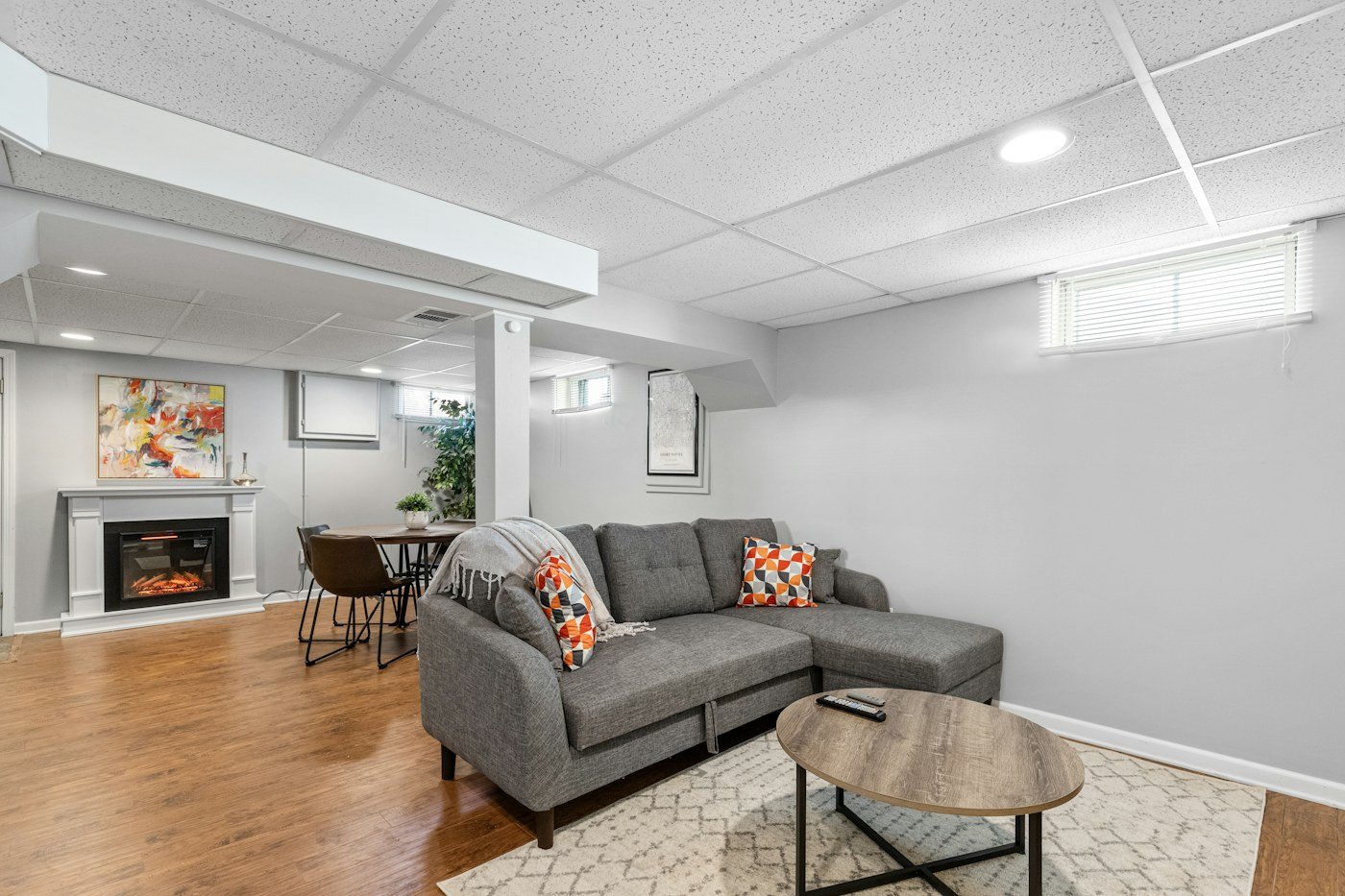 Finished basement family room with built-in entertainment center